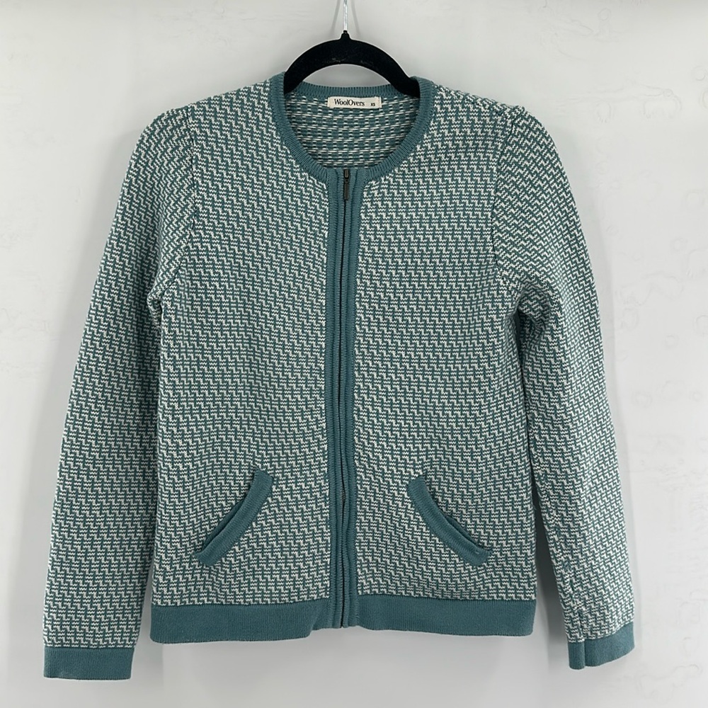 WoolOvers Full Zip Geometric Full‎ Zip Cardigan Teal XS